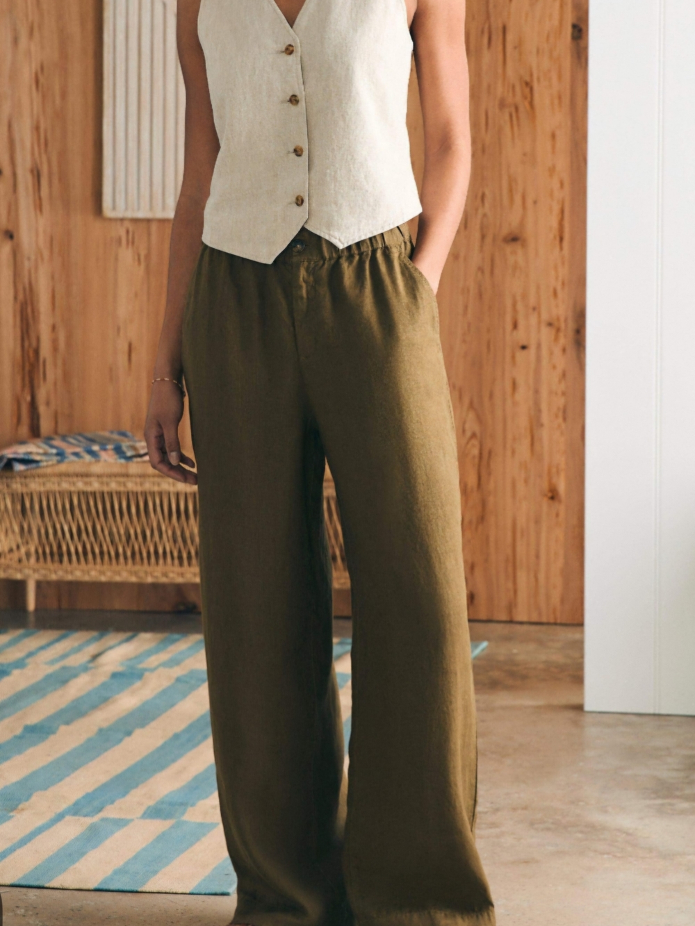 O Faherty Olive Wide-Leg 100% Linen Pants Medium